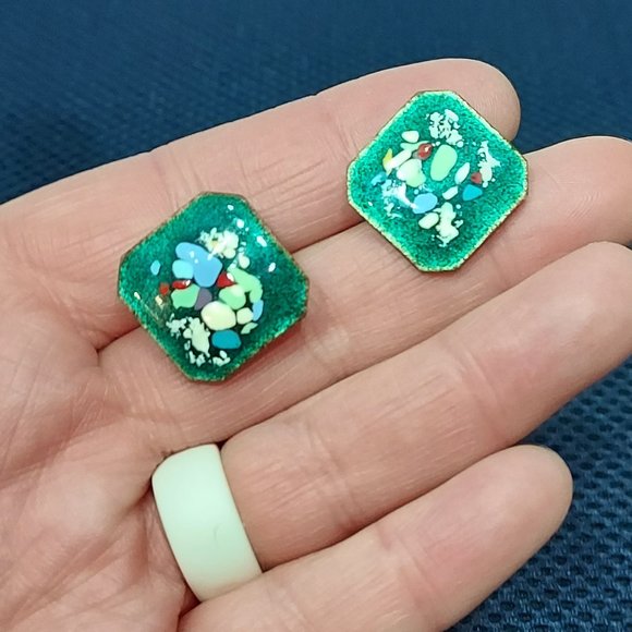 Two green enamel on copper Vintage Hair Pins - Picture 4 of 4